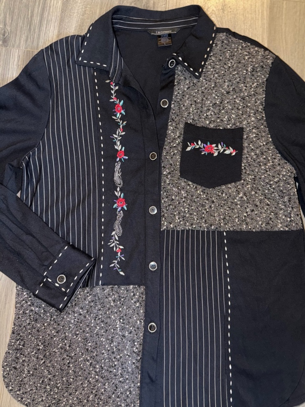 Vintage 90s Teddi Black Patchwork Embroidered Button-Up Shirt